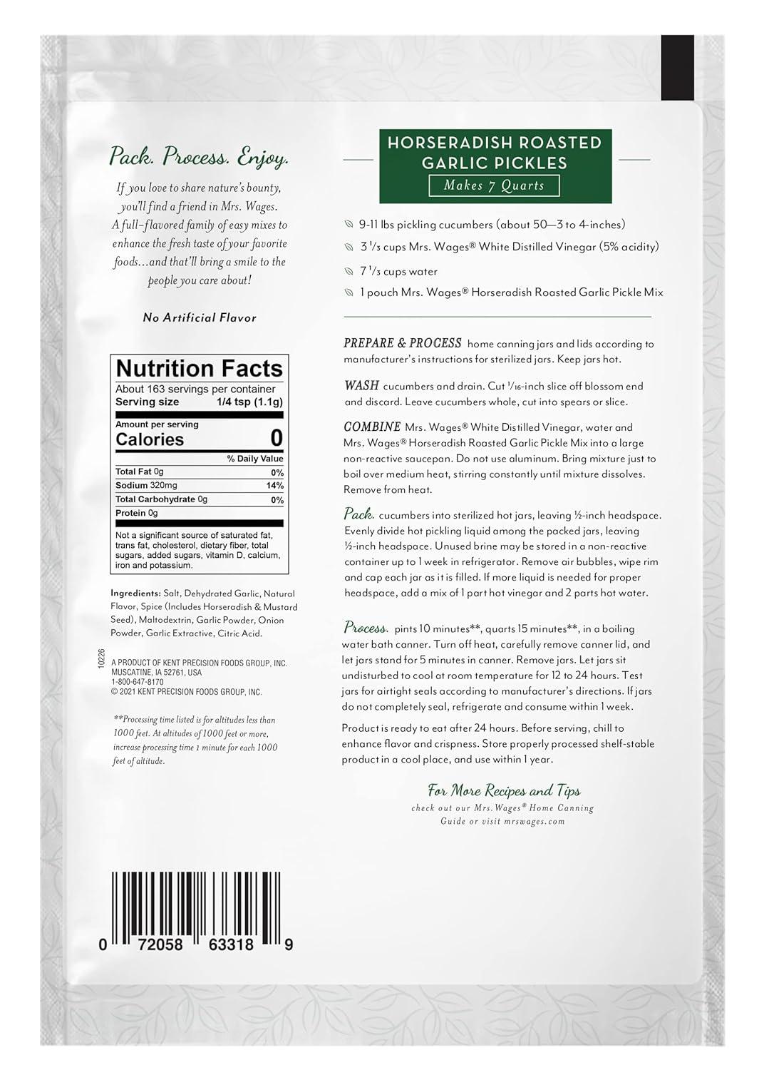 image:imageMrs Wages Medium Spicy Pickles Quick Process Mix Quick and Easy SimpleToUse Flavorful Spice Easy Way to Make Pickles Great Snack 65 oz Packet Value Pack of 12Horseradish Roasted Garlic
