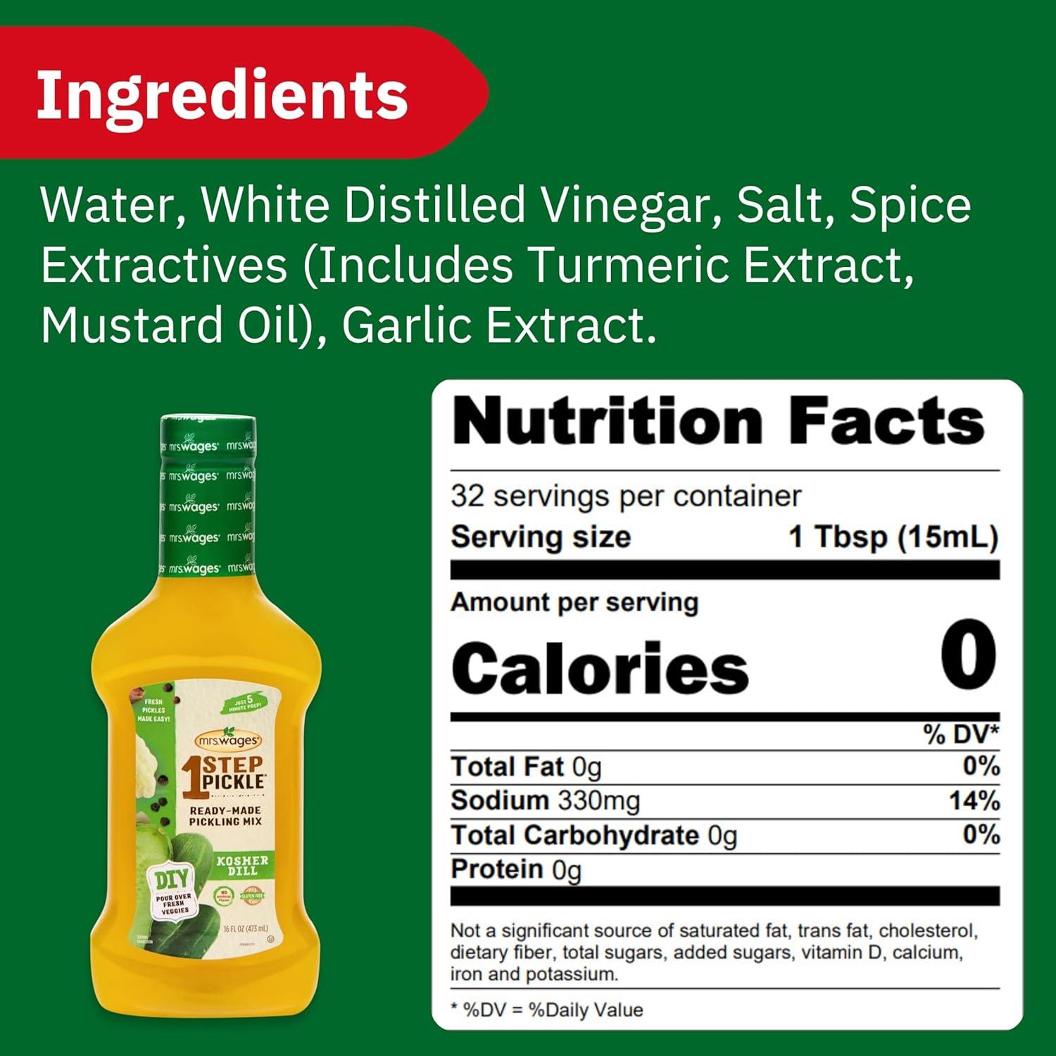 image:imageMrs Wages 1 Step Pickle Bread And Butter Pickling Mix DIY Fresh Pickles in 8 Hours Gluten Free Kosher No Artificial Flavor Each Bottle Makes 2 Pints16 fl oz Bottle VALUE PACK of 6Kosher Dill